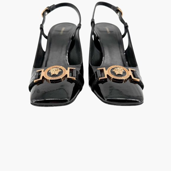 Versace Medusa Slingback Pumps Size 37 US 7 Black Patent Leather Block Heel - Picture 6 of 14